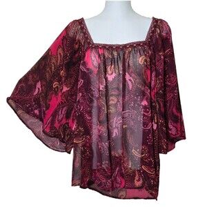 Ariat Blouse Womens Large Sheer Burgundy Paisley 3/4 Bell Sleeve Tunic Top